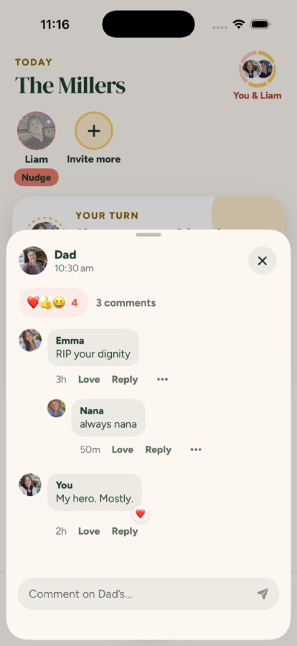 Comments on Dad’s moment from Emma, Nana and Mom